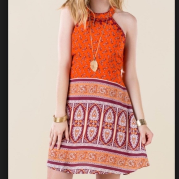 Alya Orange Cody Printed Halter Shift Dress - Picture 2 of 7